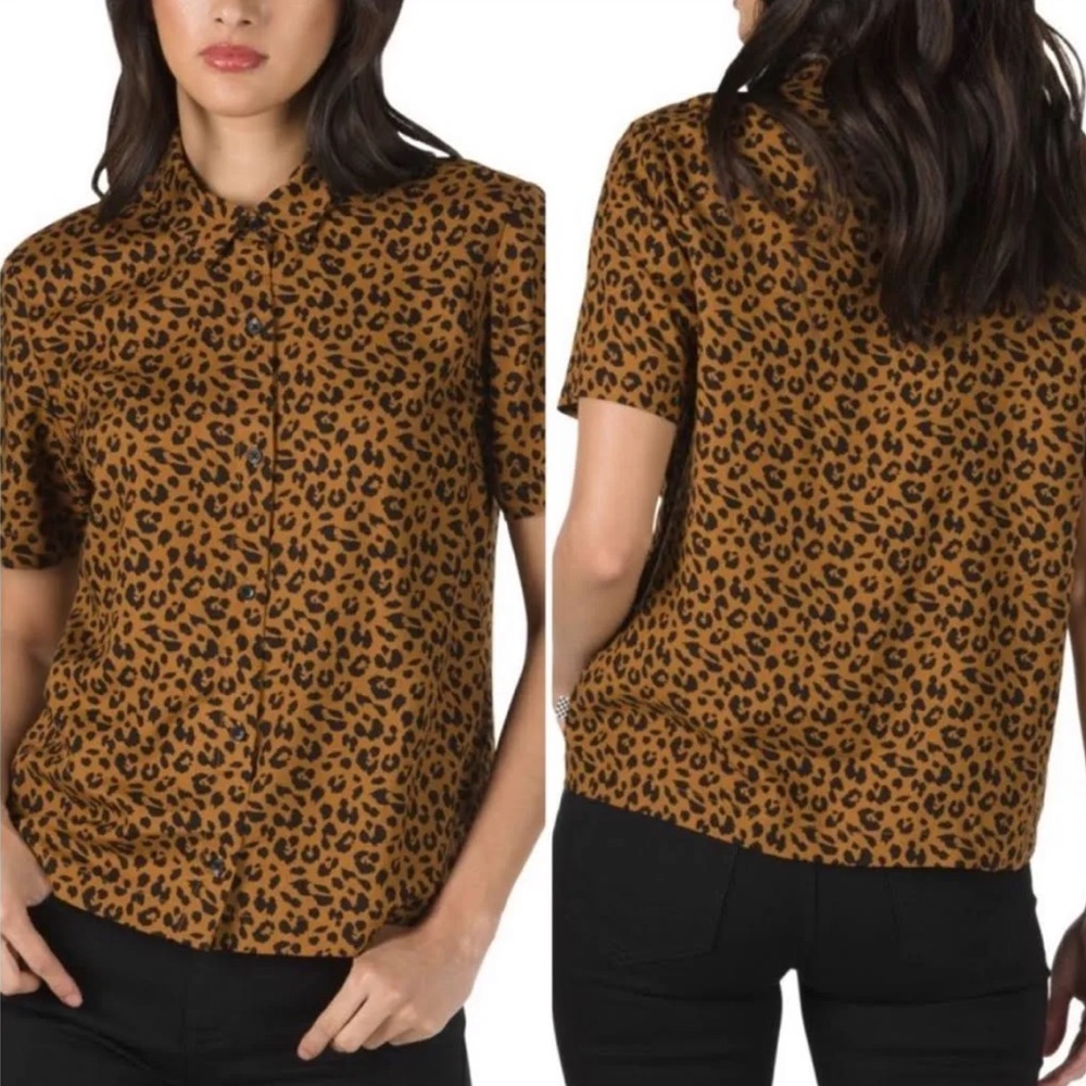 Vans leopard print shortsleeved button down top- medium